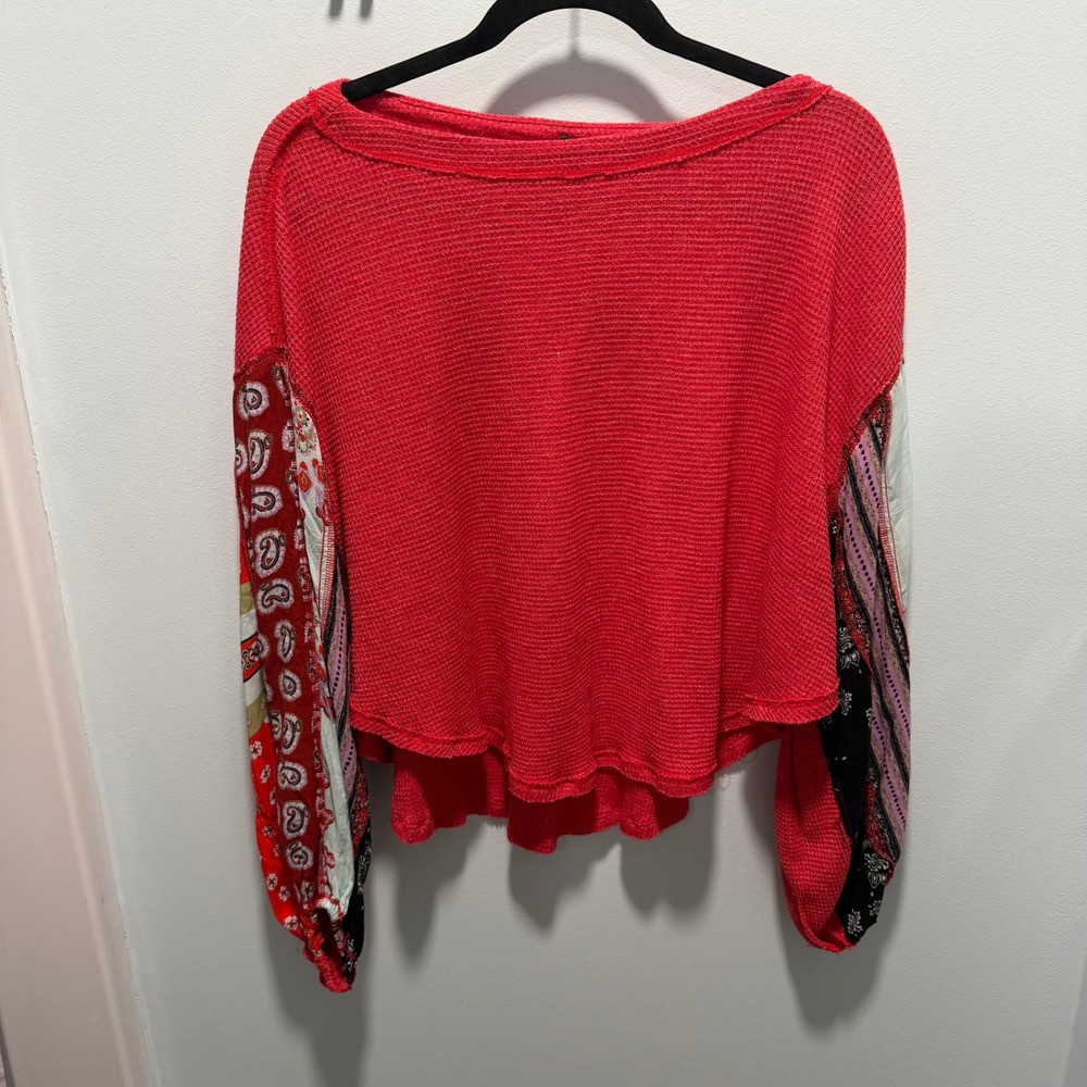 Free People We The Free Waffle Knit Top Red XS Boho Patchwork Sleeve Casual